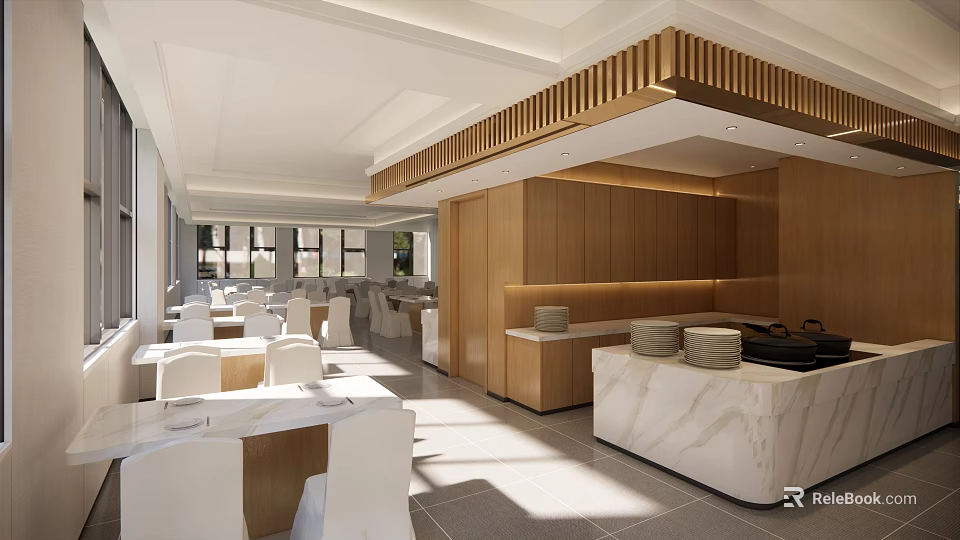 Modern Restaurant Interior With Open Layout Wooden Decor Marble Counter And White Tables Chairs 3d model 