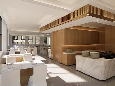 Modern Restaurant Interior With Open Layout Wooden Decor Marble Counter And White Tables Chairs 3d model