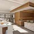 Modern Restaurant Interior With Open Layout Wooden Decor Marble Counter And White Tables Chairs