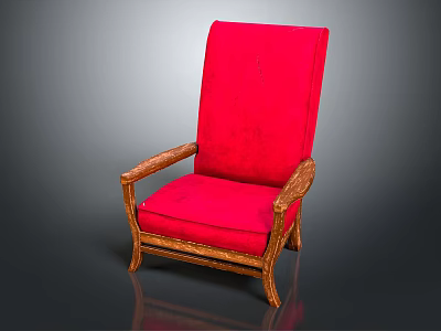 Red Upholstered Leisure Chair With High Backrest Seat Wooden Armrests And Frame 3d model