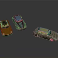 Three Colorful Modern Sports Car Models With Sleek Designs On Gray Background