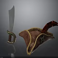 Brown Leather Pirate Hat With Red Feather And Metal Sword With Green Gem Handle