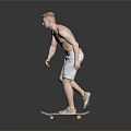 Shirtless Male In Light Shorts Riding Skateboard On Reflective Gray Floor