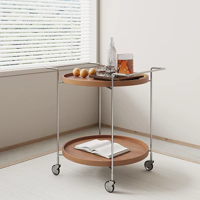 Modern Two-Tier Wooden Top Side Table with Metal Frame and Wheels 3d model