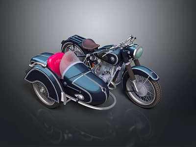 Vintage Motorcycle with Dark Blue Body Red Seat Sidecar and Classic Retro Design 3d model