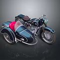 Vintage Motorcycle with Dark Blue Body Red Seat Sidecar and Classic Retro Design