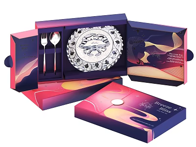 Elegant Daily Use Gift Set With Cutlery Plate And Colorful Packaging 3d model