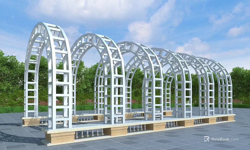 Modern White Pergola with Arched Structure in Garden with Green Trees and Benches 3d model 