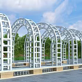 Modern White Pergola with Arched Structure in Garden with Green Trees and Benches