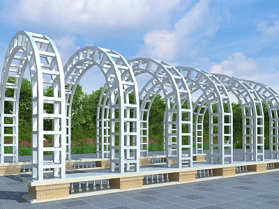 Modern White Pergola with Arched Structure in Garden with Green Trees and Benches 3d model
