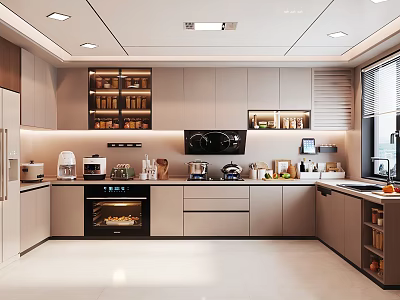 Modern Open Kitchen Interior With Island Counter Cabinets And Appliances 3d model