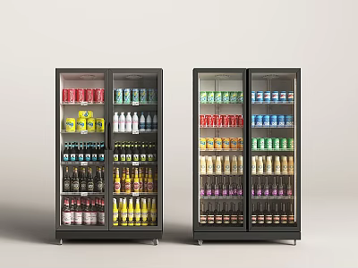 Commercial Refrigerated Display Cabinets Stocked With Various Canned And Bottled Beverages For Store 3d model