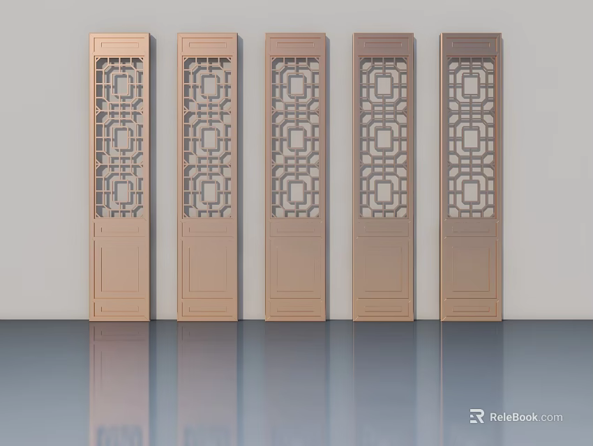 Five Brown Hinged Doors With Intricate Hollow Patterns On Reflective Floor White Background 3d model