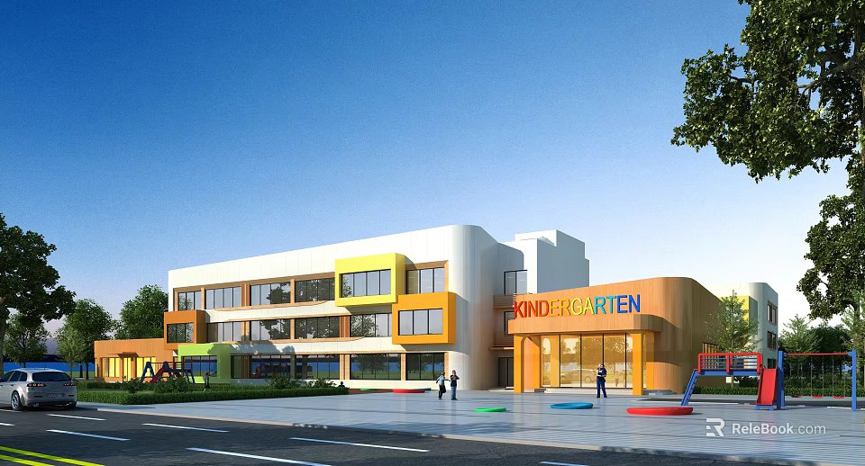 Colorful Kindergarten Building With Bright Exterior Windows And Outdoor Play Area Under Blue Sky 3d model