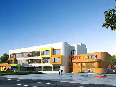 Colorful Kindergarten Building With Bright Exterior Windows And Outdoor Play Area Under Blue Sky 3d model