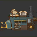 Daily Household Lifestyle Items In Vintage Mobile Tricycle With Blue Roof Wooden Structure