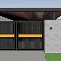 Building Exterior Wall With Black Louvered Gate Wooden Strips Black Canopy Greenery And Yellow Flowers