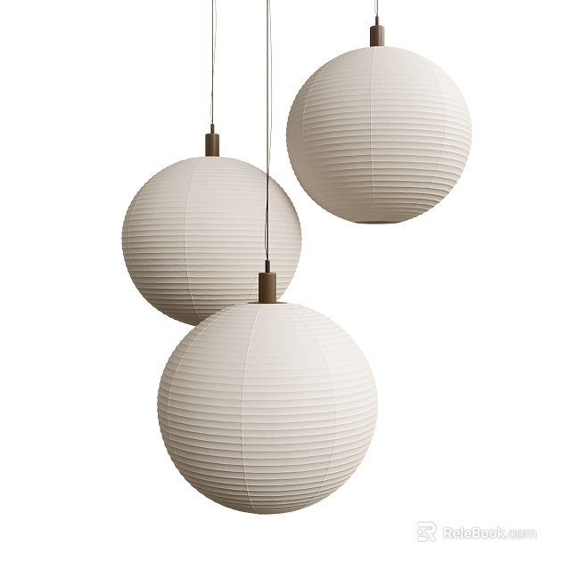 Three Modern White Spherical Pendant Lights With Striped Texture For Home Interior Design 3d model 
