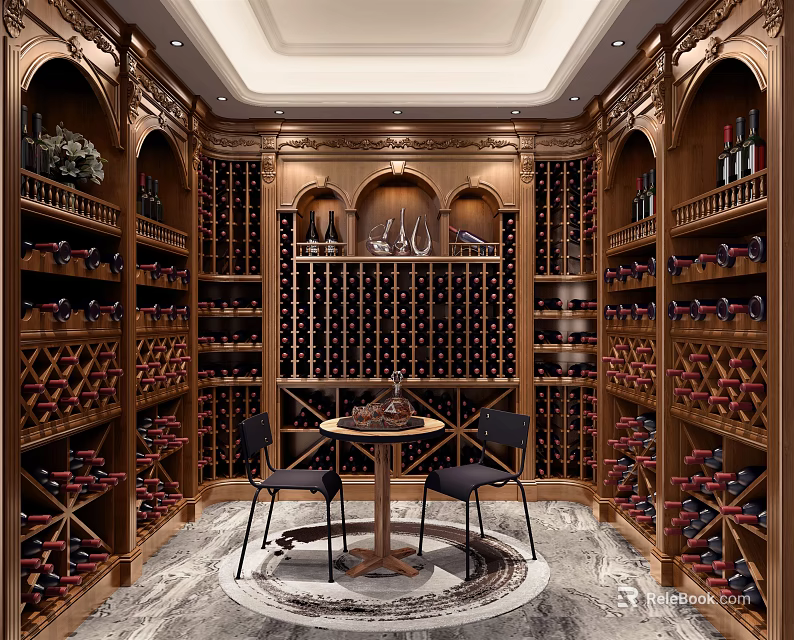 Elegant Wine Cellar With Wooden Racks Arched Design Round Table And Marble Flooring 3d model 