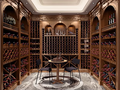 Elegant Wine Cellar With Wooden Racks Arched Design Round Table And Marble Flooring 3d model