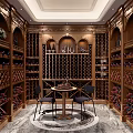 Elegant Wine Cellar With Wooden Racks Arched Design Round Table And Marble Flooring