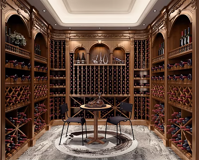 Elegant Wine Cellar With Wooden Racks Arched Design Round Table And Marble Flooring 3d model