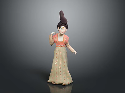Traditional Ancient Style Woman Figurine In Orange Beige Floral Pattern Dress With High Bun Hairstyle 3d model