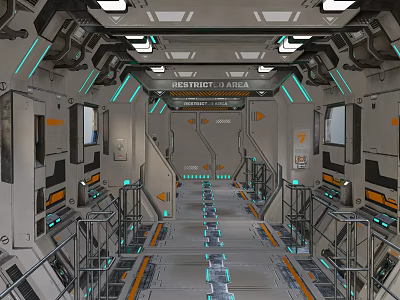 Cartoon Animated Futuristic Spaceship Corridor Featuring Neon Lights Control Panels And Main Project Sign 3d model