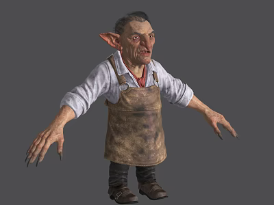 Game and Movie Character With Pointed Ears Long Claws White Shirt Brown Apron 3d model