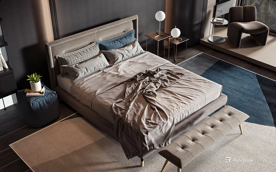 Modern Double Bed With Gray Bedding Headboard Cushions Nightstand Table Lamp And Bench 3d model 