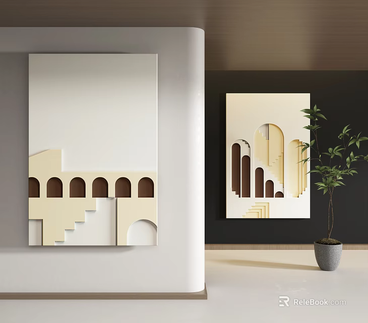 Abstract Paintings With Architectural Elements In Interior Space 3d model