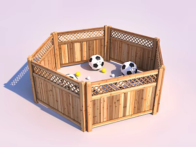 Wooden Hexagonal Enclosure With Soccer Balls And Yellow Balls Inside 3d model