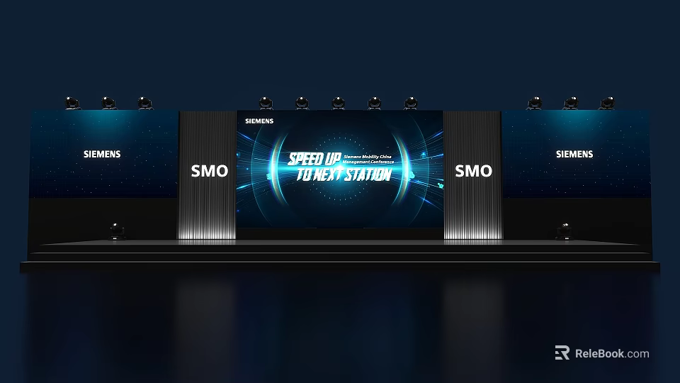 Modern Siemens SMO Stage with Lights and Large Screen Displaying Speed Up Your Next Station 3d model 