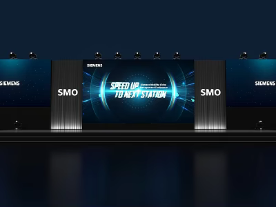 Modern Siemens SMO Stage with Lights and Large Screen Displaying Speed Up Your Next Station 3d model