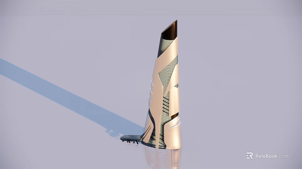 Modern Tall Building Model With Streamlined Design Metallic Texture Silver White Appearance And Geometric Lines 3d model 