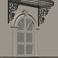 Ornate Wrought Iron Awning Over Arched Window With Decorative Brackets And Wall Lamps
