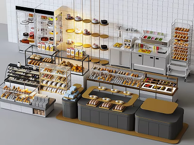 Modern Dessert Shop Interior With Glass Display Cases And Various Pastries 3d model