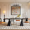 Modern Restaurant Interior With Black Dining Table Orange Chairs Chandelier Artwork Sculpture And Rug