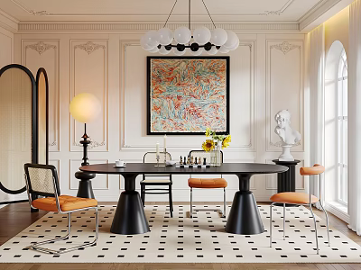 Modern Restaurant Interior With Black Dining Table Orange Chairs Chandelier Artwork Sculpture And Rug 3d model