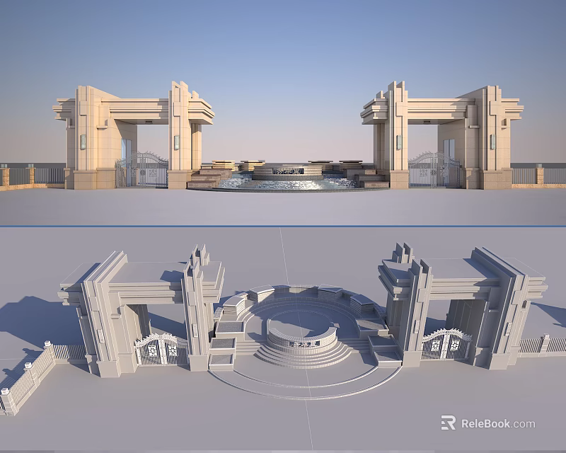 Grand Classical Gates With Symmetrical Design Ornate Columns Circular Platform And Stone Steps 3d model 