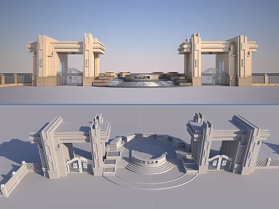 Grand Classical Gates With Symmetrical Design Ornate Columns Circular Platform And Stone Steps 3d model