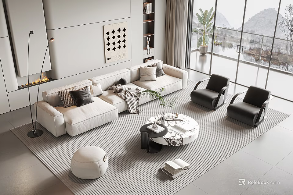 Modern Beige L Shaped Sofa And Marble Top Round Coffee Table Set With Black Chairs 3d model 