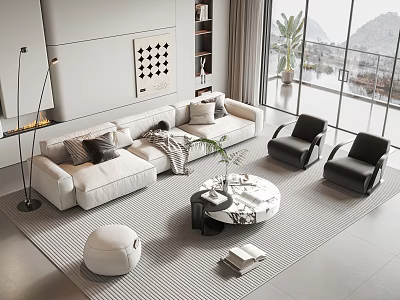 Modern Beige L Shaped Sofa And Marble Top Round Coffee Table Set With Black Chairs 3d model