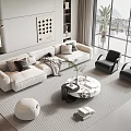 Modern Beige L Shaped Sofa And Marble Top Round Coffee Table Set With Black Chairs