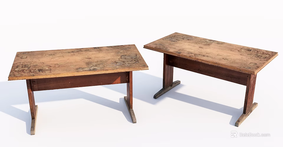 Two Rustic Wooden Tables With Patterned Tops And Dark Angled Legs 3d model 