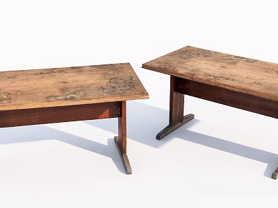 Two Rustic Wooden Tables With Patterned Tops And Dark Angled Legs 3d model