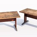 Two Rustic Wooden Tables With Patterned Tops And Dark Angled Legs