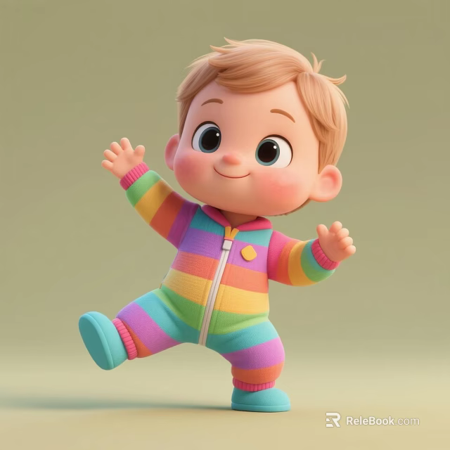 Cute Blonde Doll In Rainbow Striped Onesie With Big Eyes Smiling On Light Green Background 3d model 