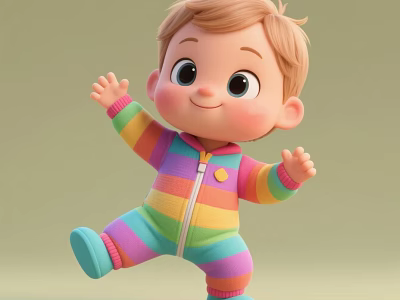 Cute Blonde Doll In Rainbow Striped Onesie With Big Eyes Smiling On Light Green Background 3d model