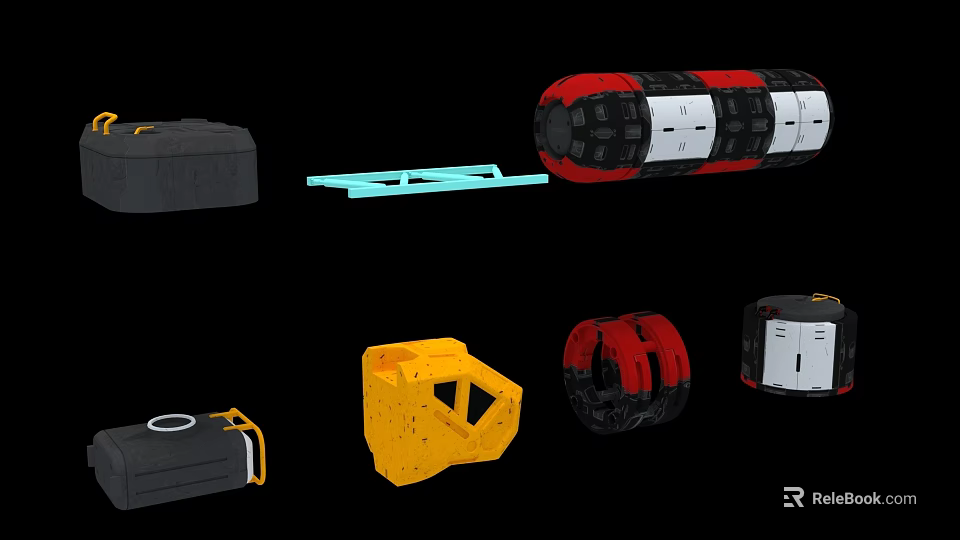 Fighter Jet Mechanical Parts In Black Yellow Red White With Cylindrical And Square Shapes 3d model 